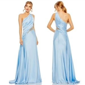 One-Shoulder Light Blue Evening Gown with Jewel Waist